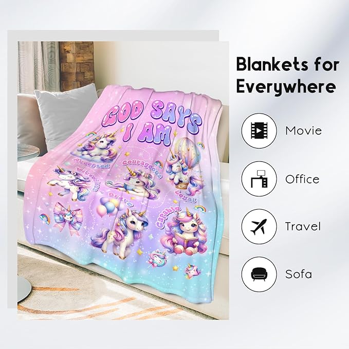 Unicorn Fleece Blanket for Women & Kids, God Says I Am - Soft Plush, 30"x40"