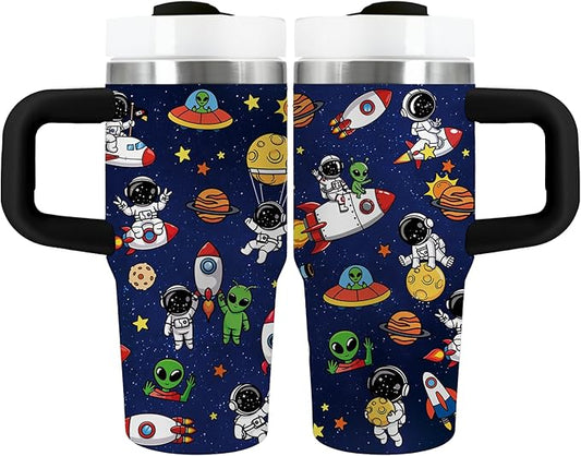 Space Themed Gifts for Boys - 14oz Kids Astronaut Tumbler with Handle and Straw, Stainless Steel Insulated Water Cup, for Sports, School - Space Themed Children's Birthday Gift Cup (1pc)