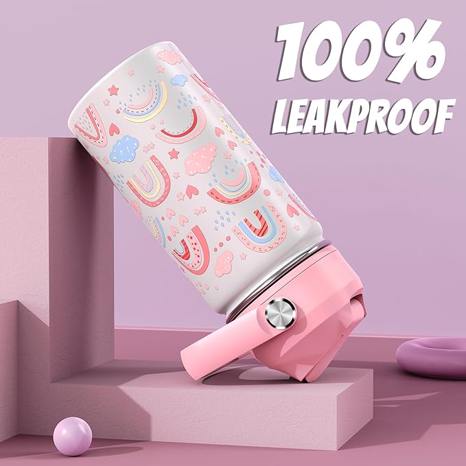 14oz Kids Insulated Water Bottle with Straw Lid - 18/8 Stainless Steel Kid Cup Travel Tumbler Double Wall Vacuum Leak Proof Portable Toddler Water Bottle (Rainbow)