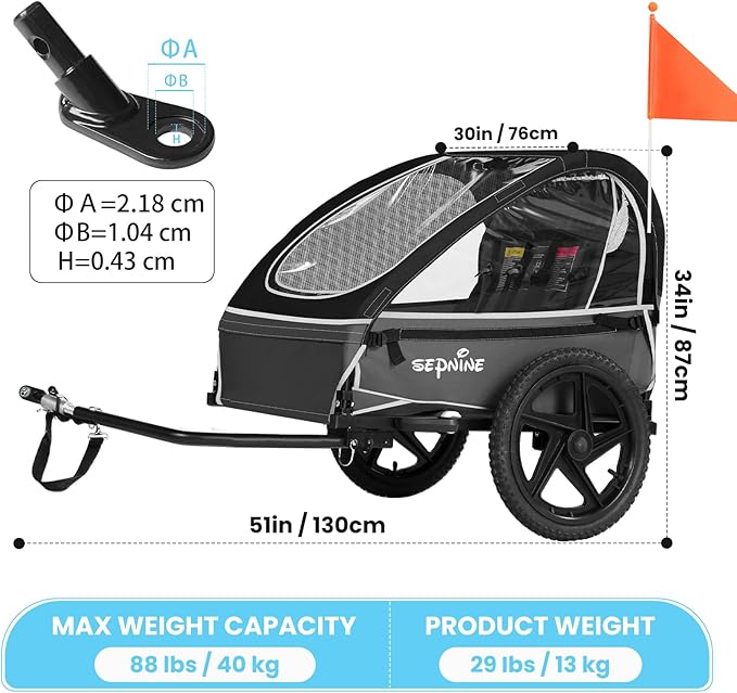 Sepnine Kids Bike Trailer, Suitable for 1 to 2 Kids, 12+ Months, Quick Attach to Bike, Foldable, with 5-Point Harness and Storage Bags
