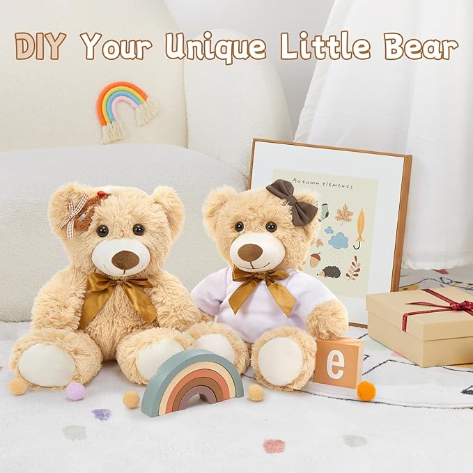 MorisMos 3Pcs Teddy Bears Bulk Baby Shower, 14inch Cute Teddy Bear Stuffed Animals Plush, Small Stuffed Bears on Centerpiece Baby Shower, Brown