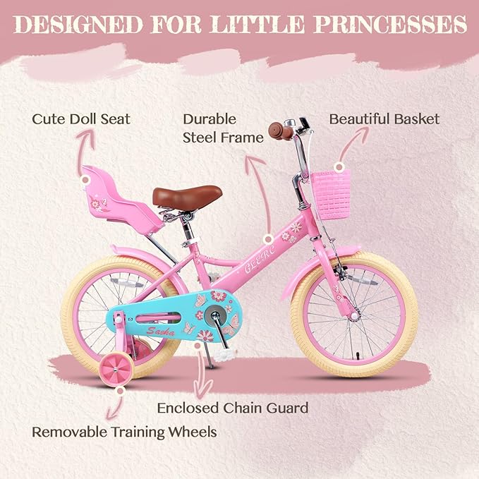Glerc Sasha Girls Bike, 12-20 Inch Kids Bike for Children Ages 2-13 Years, Kids Bicycle with Doll-Seat & Basket & Training Wheels, Multiple Colors