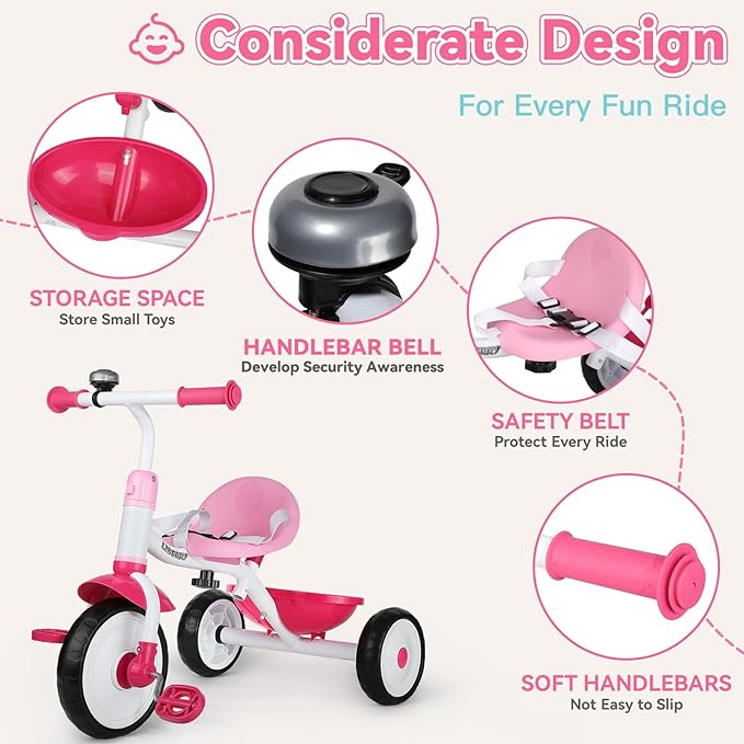 Liberry 2 in 1 Toddler Tricycle Age 2 3 4 Years Old, Kids Trike with Adjustable Push Handle, Bell & Basket, 3 Wheel Bike Riding Toy Birthday for Girls Boys, Pink
