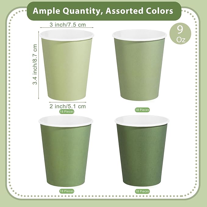 72 Pieces Sage Green Paper Cups 9 Oz Disposable Coffee Paper Cups Gradient Green Party Cup Beverage Drinking Cup for Wedding, Birthday, Holiday Party, DIY, and Picnic