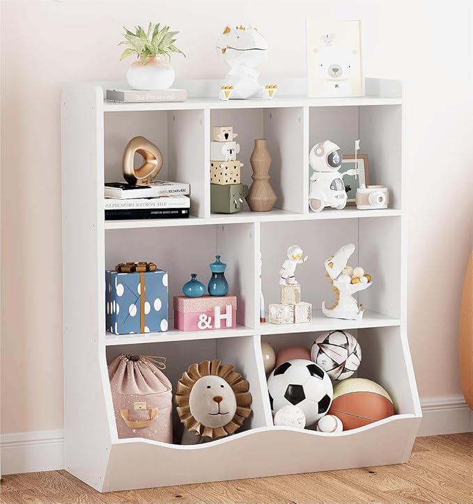 GarveeHome White Toy Storage Cabinet, Three-Tier Kids Bookshelf and Bookcase for Storage Books and Toys, Multi Shelf with Cubby Organizer for Bedroom and Playroom