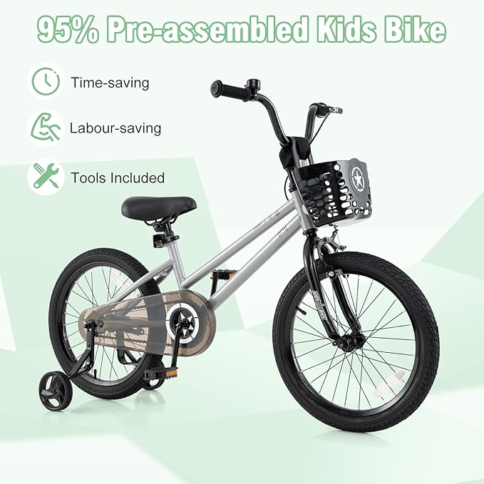 BABY JOY Starry Kids Bike, 12 14 16 18 Inch Bicycle with Training Wheels, Storage Basket, Adjustable Handlebar & Seat, Handbrake & Coaster Brake, Girls Boys Bike