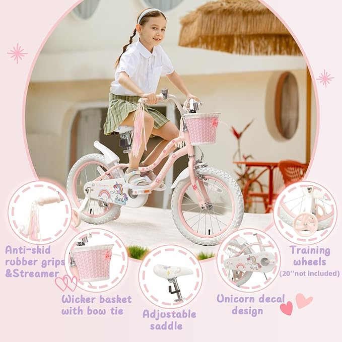 Princess Style Girls Bike with Basket for 2-13 Years Old Kids and Toddlers, 12 14 16 18 Inch Bicycle for Children with Training Wheels and Streamers, 20 Inch with Kickstand, Multiple Colors