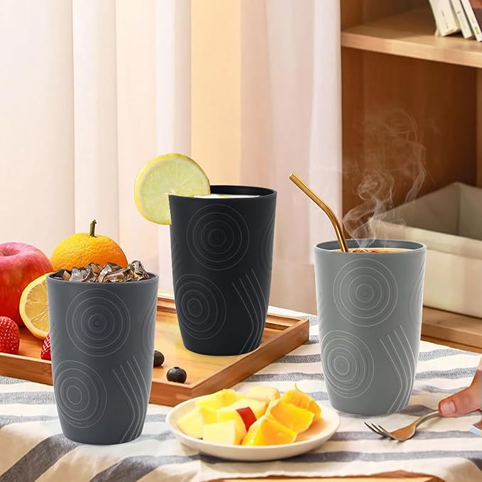 Wheat Straw Cups 6 PCS - 16 OZ Drinking Glasses, Unbreakable Drinking Cup, Water Tumbler for Kitchen, Alternative to Plastic Cups Reusable Microwave and Dishwasher Safe (Black, Grey)