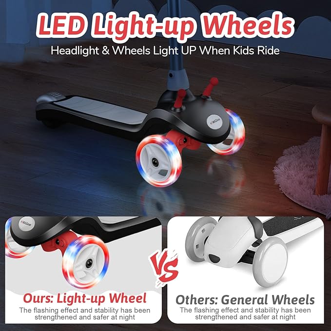 Electric Scooter for Kids Ages 3-8, 3 Wheel Kids Electric Scooter with LED Light-up Wheels, 3 Height Adjustable, C-Shaped Handle, Lean-to Steer Design, Best Children's Gifts