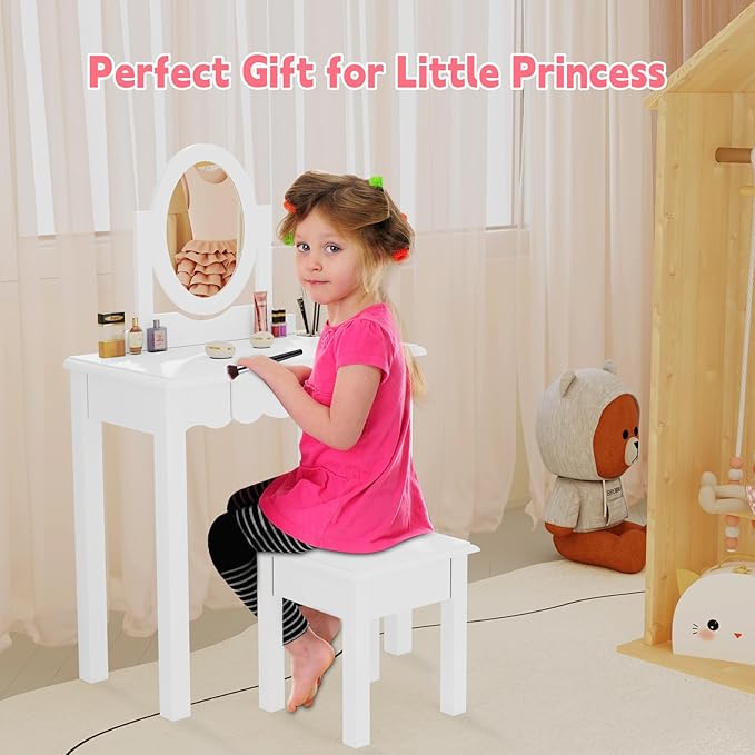 HLR Kids Vanity, Girls Vanity Set with Mirror and Stool, Wooden 2 in 1 Princess Makeup Desk Dressing Table with Detachable Top, Toddler Vanity Dresser Set with Drawer for Little Girls, White