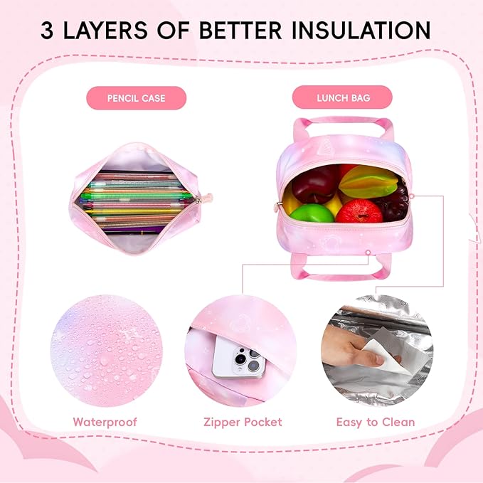 Tanou Backpack with Lunch Box for Girls, Kawaii Set School Bag for Kid Elementary Middle School, Aesthetic Laptop Bookbag Lightweight, Pink