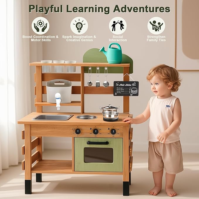 OLLIKIVI Outdoor Play Kitchen for Kids | Wooden Mud Kitchen Set with Removable Sink, Planting Area, Oven, Stove, Dual-Sided Chalkboard & Storage | Backyard Pretend Toy | Ages 3+