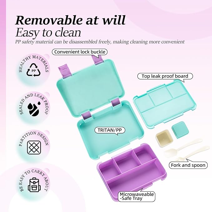 QCQHDU Bento lunch Box for Kids-4 Compartment,1180ml Lunch Containers for Adults,Microwave & Dishwasher & Freezer Safe,School,Work,Picnics with Sauce Vontainers,BPA-Free(Mermaid)