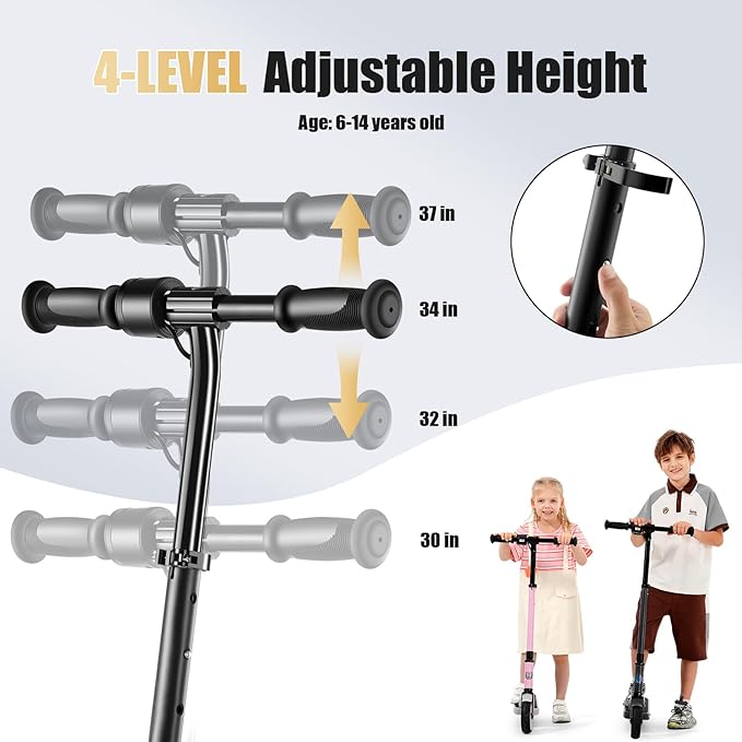 Caroma Electric Scooter for Kids Ages 6-14, 180W/150W Motor & 10 Mph, 85 Mins Ride Time, Adjustable Height & Speed, LED Display & Colorful Lights, Kids Electric Scooter, Best Gifts for Girls and Boy