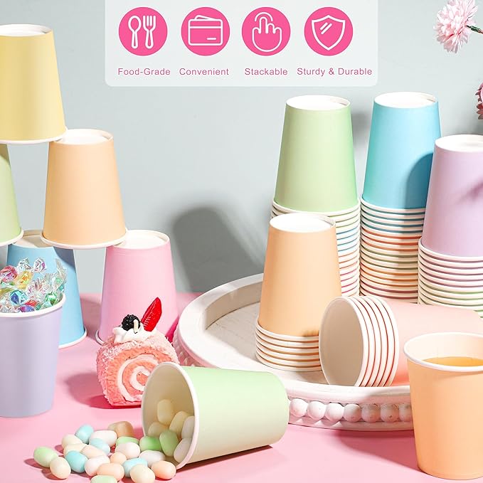 72 Pieces Pastel Rainbow Paper Cups 9 Oz Disposable Coffee Paper Cups Multicolor Party Cup Beverage Drinking Cup for Wedding, Birthday, Holiday Party, DIY, and Picnic