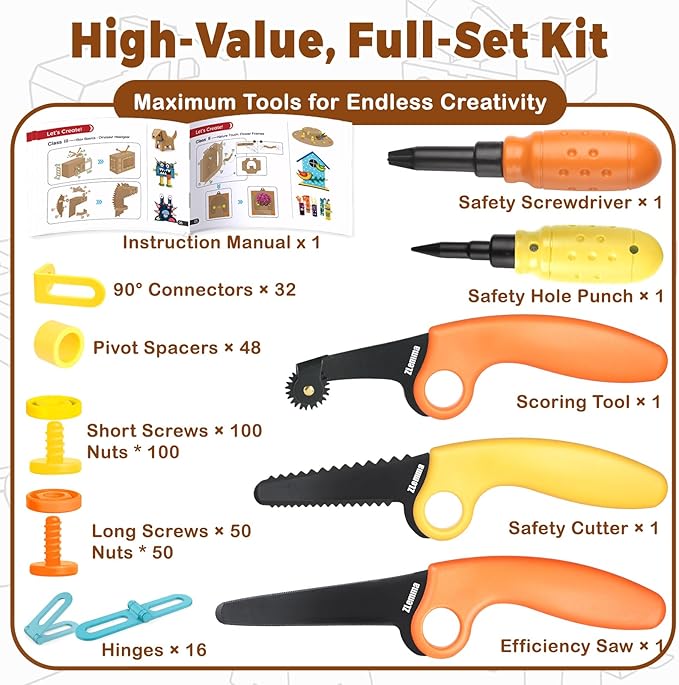 Cardboard Construction Kit - 401 PCS Kids Building Set with Safe Serrated Cutter, Crease Roller, Screws & Nuts, STEM Upcycled Tool for DIY Cardboard Projects, Engineering & Creativity