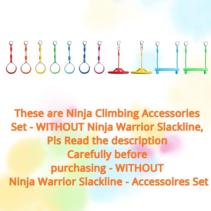 Craft Ninja Warrior Obstacle Course Accessories Kids Outdoor Play - 7pc Rings, 2pc Swing Trapeze Wheels & 2pc Monkey Bars