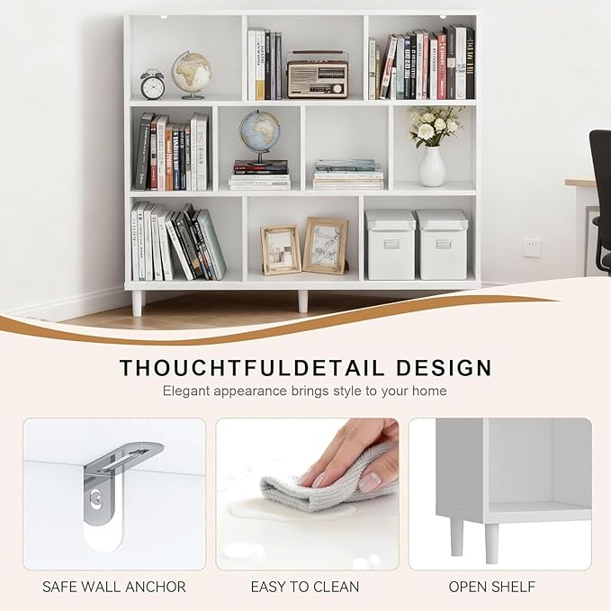 10 Cube Storage Organizer |Wide Bookshelf|3 Shelf Bookcase |Library Bookcase -Cubic Storage Cabinet（Storing Books,Toys & More Easy to Install）