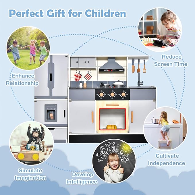 Costzon 2-Piece Play Kitchen, Wooden Toy Kitchen Set with Refrigerator, Ice Maker, Range Hood, Pretend Oven, Kids Kitchen Playset with Sounds & Lights, Gift for Ages 3+