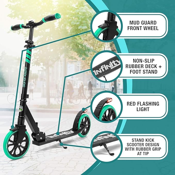 SereneLife Kick Scooter Adult Teenagers Kids- 2 Wheel Kids Scooter with Adjustable T-Bar Handlebar - Alloy Anti-Slip Deck - Portable Folding Scooters for Kids with Carrying Strap