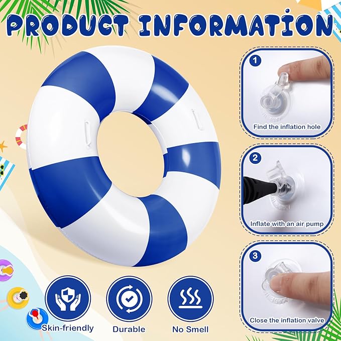 3 Pcs Large Swim Ring with Handles Set 47.24" 39.37" 35.43" Inflatable Pool Inner Tube Classic Striped Pool Ring Floats for Adults Teens Summer Lounger Beach Party Supplies