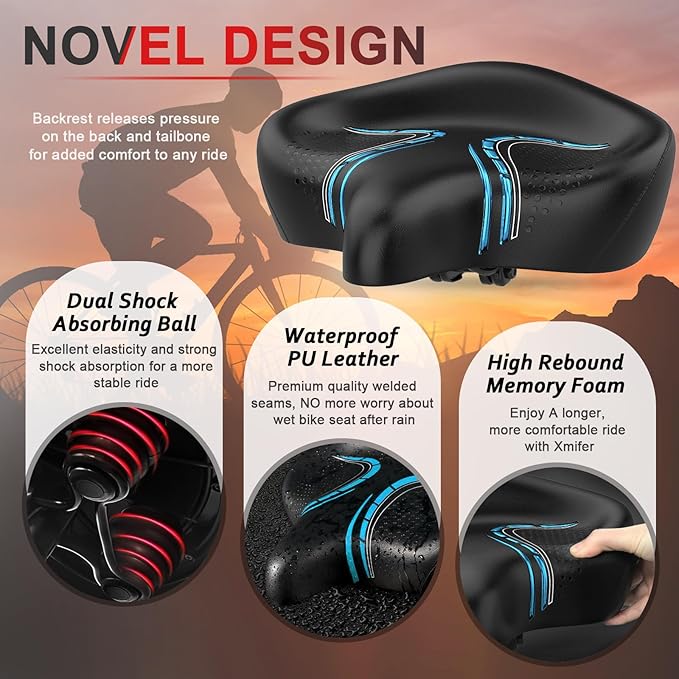 BLUEWIND Oversized Bike Seat, Wide Bicycle Saddle Novel Backrest Design for Electric Bike, Universal Fit Exercise Bike or Road Stationary Bike Seat Cushion for Men & Women