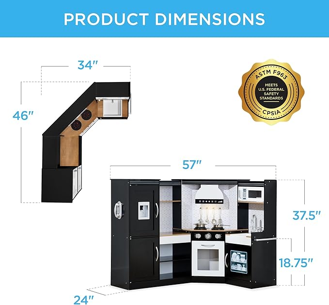 Best Choice Products Pretend Play Corner Kitchen, Ultimate Interactive Wooden Kids Playset w/Lights & Sounds, Ice Maker, Hood - Black