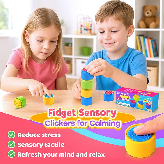 Sensory Fidget Toys for Kids Adults: 3 Pack Textured Fidget Clickers for Anxiety Relief, Sensory Toys for Autism ADHD Kids Calming, Button Fidget Toys for Office, Classroom Prizes, Stocking Stuffers