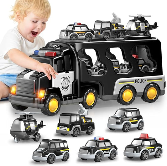 7 in 1 Police Trucks Cars Toys for Toddlers 3-5, Boy Toddler Car Truck Toys with Light Sound, Birthday Gifts Toys for 3 4 5 6 Year Old Boy, Transport Carrier Truck for Toddlers 3-5 Years