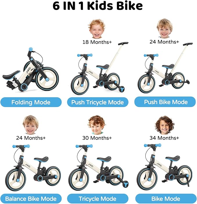 JMMD Toddler Bike with Push Handle for Kids 18-60 Months, 6 in 1 Foldable Push Bike with Training Wheels, Pedals, Brakes, Kickstand, Kid Balance Bike Gift & Toys for Boy & Girl