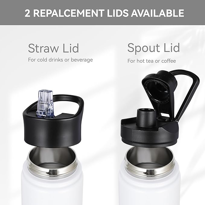 HASLE OUTFITTERS Insulated Water Bottle 16 oz Double Wall Vacuum Stainless Steel Water Bottle Leak Proof for School Wide Mouth with Straw Lid & Spout Lid Keeps Cold and Hot(White,8pack)