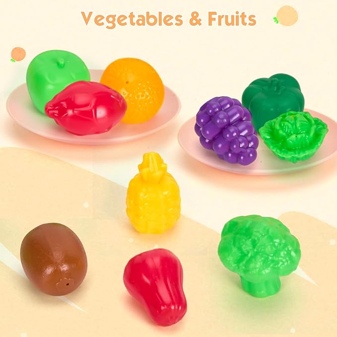 56Pcs Mini Play Kitchen Accessories for Kids, Pretend Cooking Playset with Cookware, Tableware & 2 Fruit Sets, Learning Gift for Girls, Boys, Toddlers, Yellow