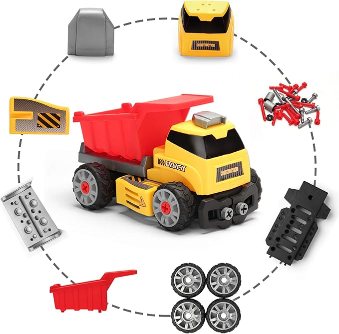 MOBIUS Toys 7-in-1 Take-Apart Truck Construction Set – STEM Building Toy w/Drill, Lights & Sounds – Buildable Dump Truck, Excavator & More – Educational Engineering Playset for Kids Ages 3–8
