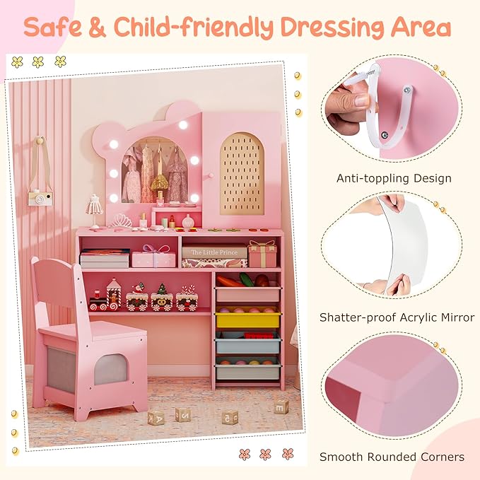 Costzon Kids Vanity with Lights, Girls Vanity Set with Mirror, Storage Drawers, Cabinet & Shelves, Toddler Makeup Vanity Desk Dressing Table, Wooden Kids Vanity Table and Chair Set (Pink)