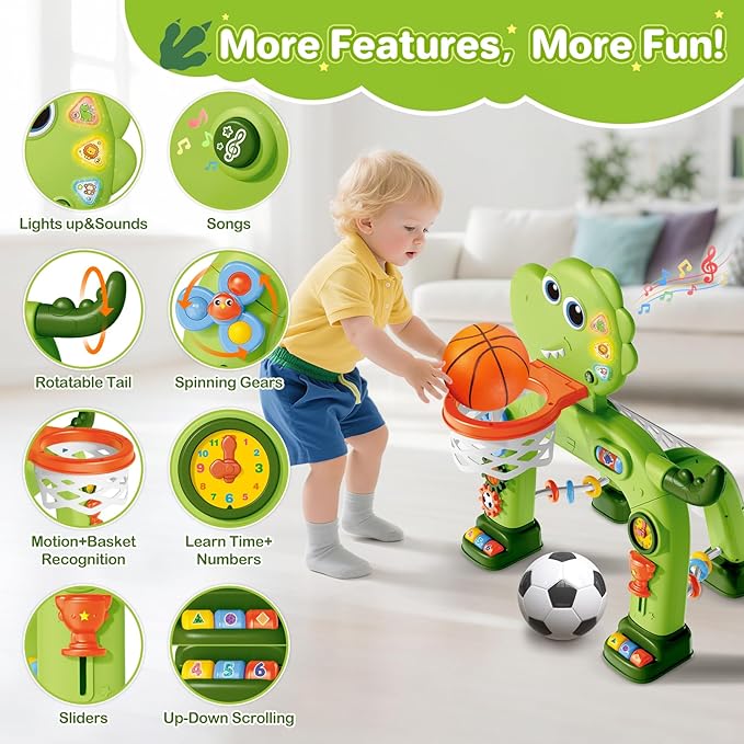 Toddler Basketball Hoop & Soccer Goal Toy,Dinosaur Toys with Light & Music,Musical Toys for 1 Year Old Boy Girl Learning Toy for Toddlers 1-3 Birthday Gifts for 1 Year Old Boys