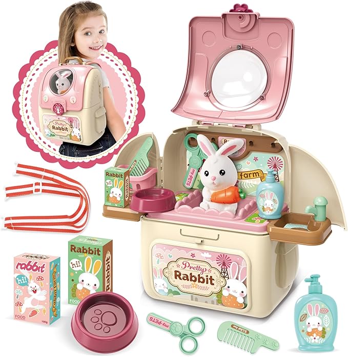 Shemira Girl Toys Gifts for 2 3 4 5 6 Years Old, Toddler Girl Toys, Bunny Toys for Kids, Easters' Gifts for Girls, Pet Care Pretend Toys with Toy Bunny & Storage Backpack