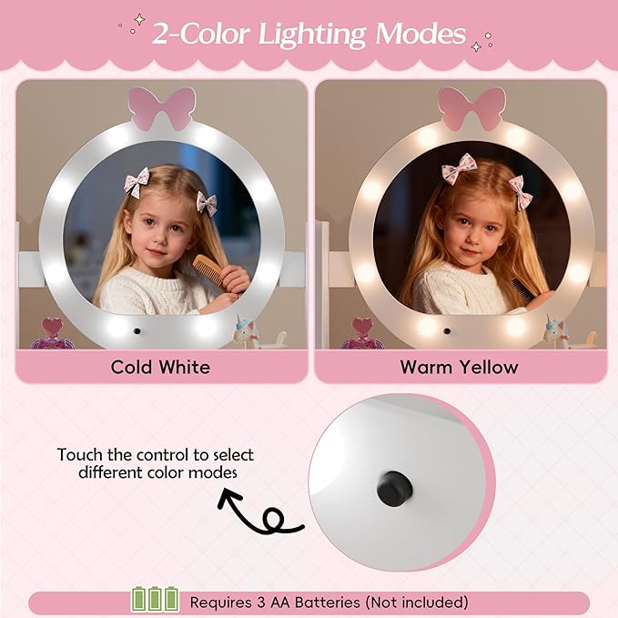 TOLEAD Kids Vanity, Girls Vanity Set with Mirror and Stool and Lights, Toddler Vanity Table and Chair Set with Jewelry Storage, Wooden Princess Makeup Desk Dressing Table for Little Girls (White)