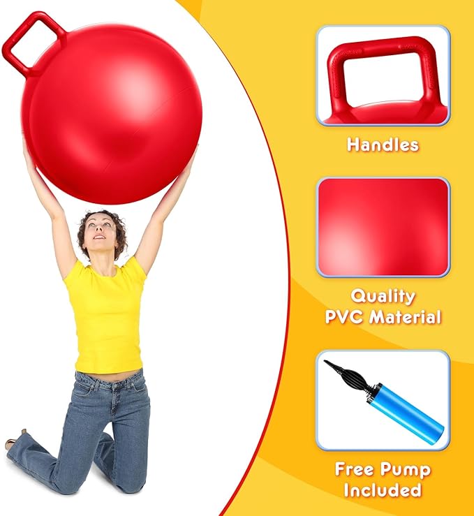 Lewtemi 6 Pcs Hopper Ball Carnival Outdoor Games 22 Inch 29 Inch Jumping Hopping Inflatable Bouncing Ball with Handle and Air Pump for Kids Sport Exercise(Red, Blue, Green, Pink, Yellow, Purple)
