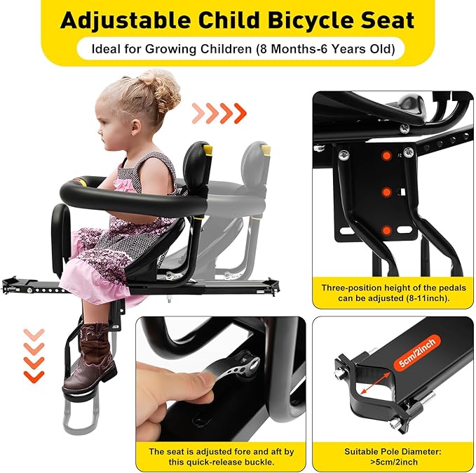 Gdrasuya10 Portable Bicycle Front Mounted Baby Seat Lightweight Child Bicycle Safety Seat Padded Saddle Kids Saddle Carrier Seat Cushion with Foot Pedal