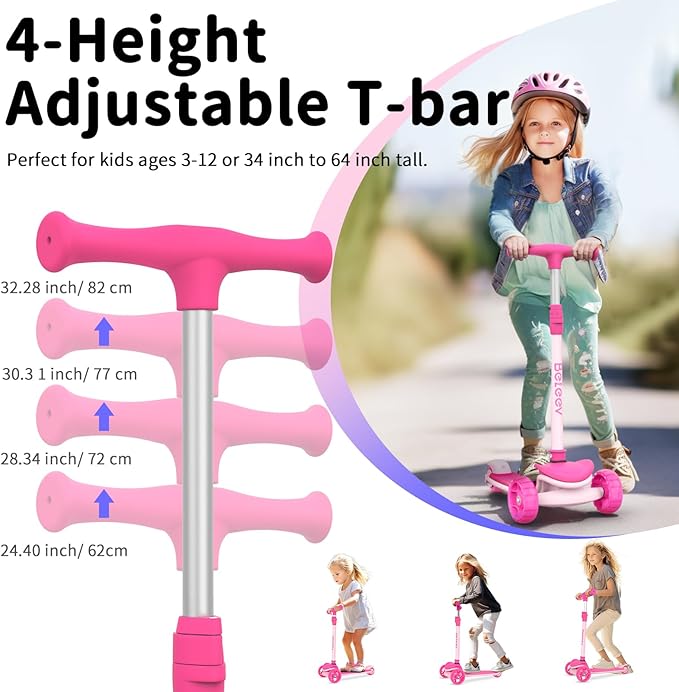 BELEEV A8 Scooter for Kids Ages 3-12, 3 Wheel Folding Scooter for Toddlers Girls Boys, LED Light-Up Wheels, 4 Adjustable Height, Lean to Steer, Extra Wide Wheels, Three Wheel Kick Scooter for Children