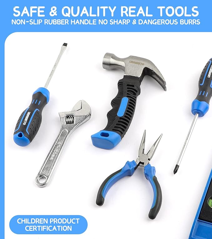 18-Piece Kids Tool Set with Tool Storage Bag, Junior Real Hand Tool Kit for Boys & Girls, Children Learning Tools for DIY Building and Woodworking, Age 8+