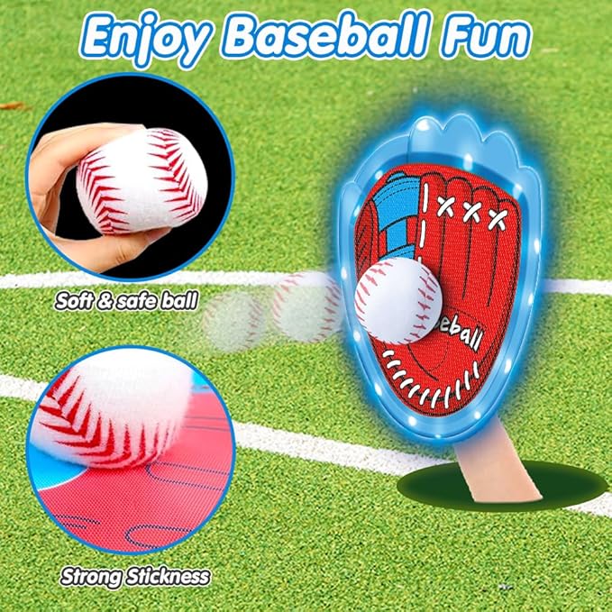 VATOS Toss and Catch Ball Game Set, 6 Sticky Balls & 4 Baseballs Training Glove with LED Light, Outdoor Toys Backyard Garden Lawn Games Sports for Kids Boys Girls 3-12
