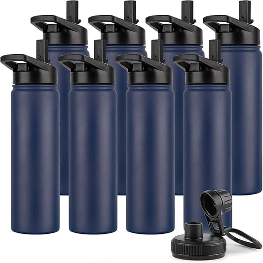DOMICARE Insulated Water Bottle, 22 oz Vacuum Insulated Stainless Steel Reusable Sports Bottle with Straw Lid & Spout Lid for Travel, Camping, Bike, Leakproof, Navy Blue, 8 Pack