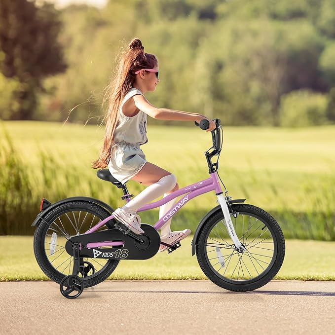 COSTWAY 12/14/16/18 Inch Kids Bike, Children Toddler Bicycle with Training Wheels, Adjustable Seat & Handlebar, Handbrake & Coaster Brake, Reflectors, Bell, Suitable for 3-8 Years Old Boys Girls