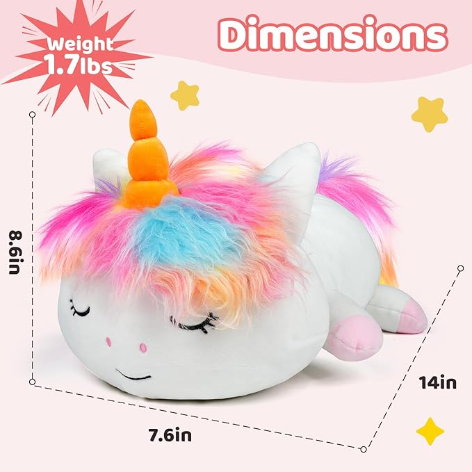 Puffpals Weighted Plush, Cute Pink Unicorn Weighted Stuffed Animal with Beads, Soft Sensory Plush Pillow Toy for Kids & Adults (14in, 1.7lbs)