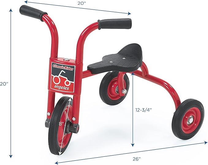 CLASSICRIDER Toddler Trike, Kids Tricycle for Riders Ages 3 and up, Preschool, Daycare, Playground Kids Tricycles, Rubber Tires, Red/Black, 8" Pusher