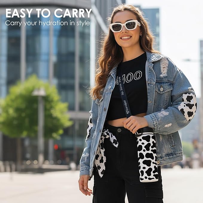 SANDJEST Cow Skin Stainless Steel Water Bottle with Strap 32oz, Insulated Bottles with Straw and Spout Lid for Gym Sports Travel Outdoor, Gifts for Women Girls Birthday Christmas