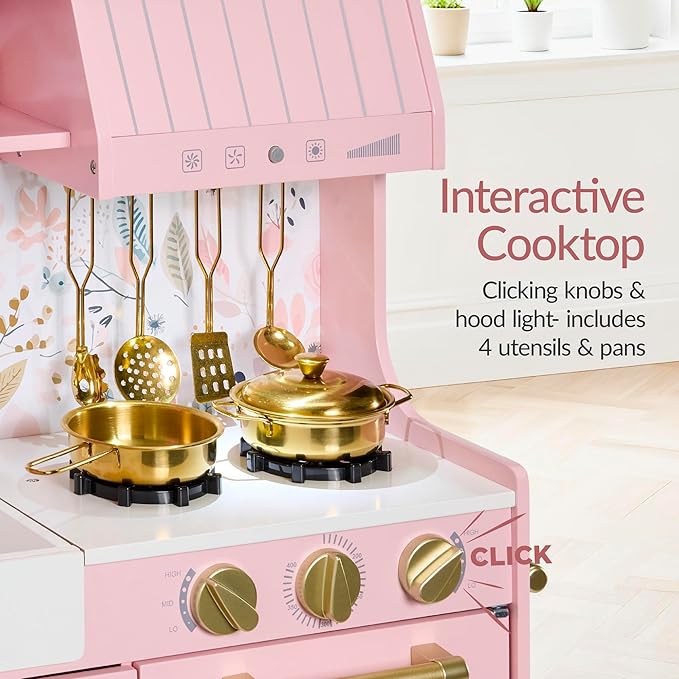 Best Choice Products Pretend Play Kitchen for Kids, Interactive Wooden Toddler Playset, Framed Chalkboard, Toy Storage, 11 Accessories – Pink