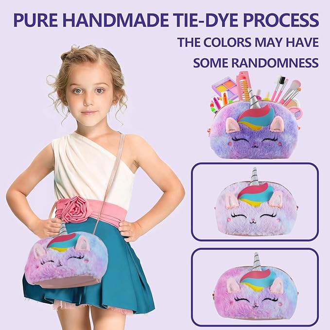 21 Pcs Kids Makeup Kit for Girls with Oversized Fluffy Unicorn Travel Makeup Organizer, Washable Pretend Cosmetic Play Set with Portable Vanity Makeup Bag, Princess Make Up Gifts for Girls Ages 3–12