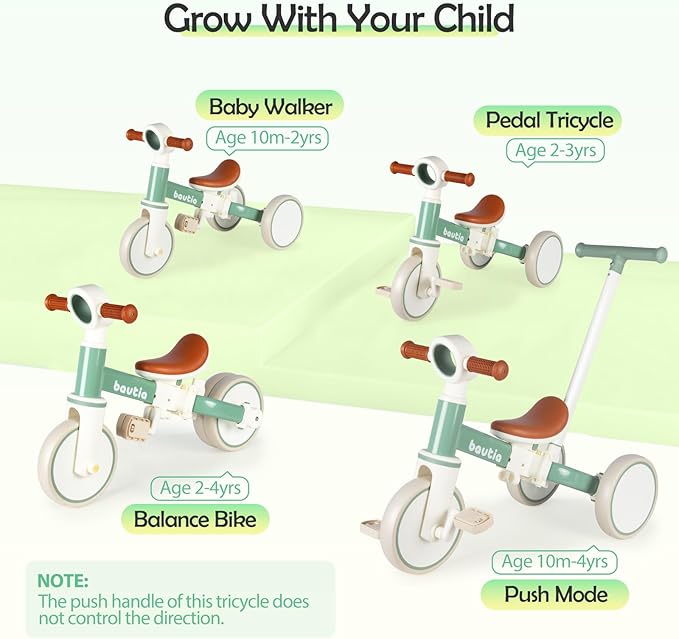 Kids Tricycle for Toddlers 1-3 with Push Handle, 5 in 1 Baby Balance Bike Toy for 1-4 Years Old Boys Girls Gift with Removable Pedals, Mint (No Parent Steering Version)